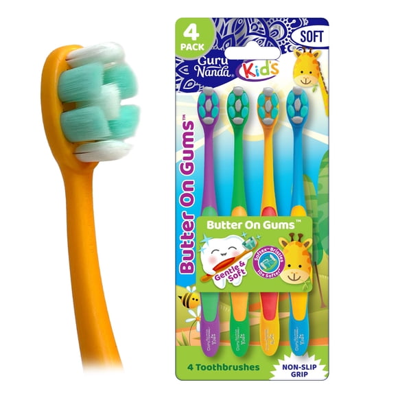 GuruNanda Butter On Gums Kids Toothbrush - 4 Pack Extra Soft Bristles Toothbrush for Kids Multi-Colored & Fun to Use for Beginner Cleaning - Ergonomic Grip Handle - BPA & Cruelty-Free (Age 3+)