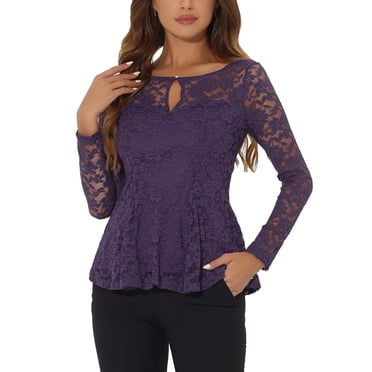 INSPIRE CHIC Women's Halloween Top Lace Keyhole Front Peplum Hem Sheer Long Sleeve Blouse M Purple