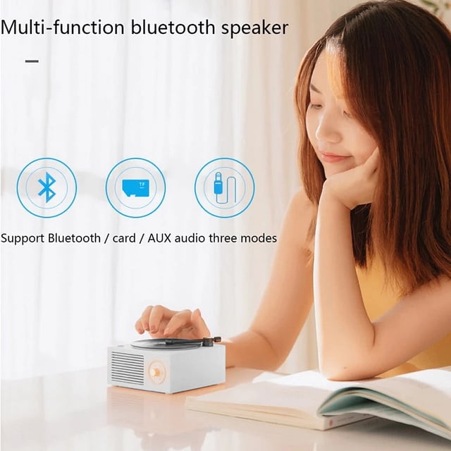 Turntable Speaker USB Bluetooth V5.0 Vinyl Turntable Speaker Record Player Stereo Vintage Portable Speaker, White
