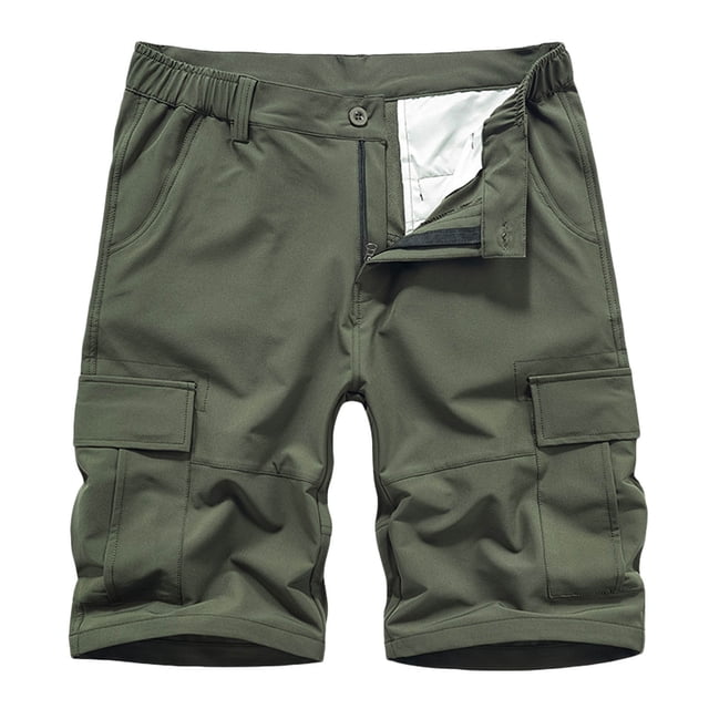 Penkiiy Men Casual Solid Zipper Button Pockets Elastic Waist Cropped Cargo Shorts M Army Green