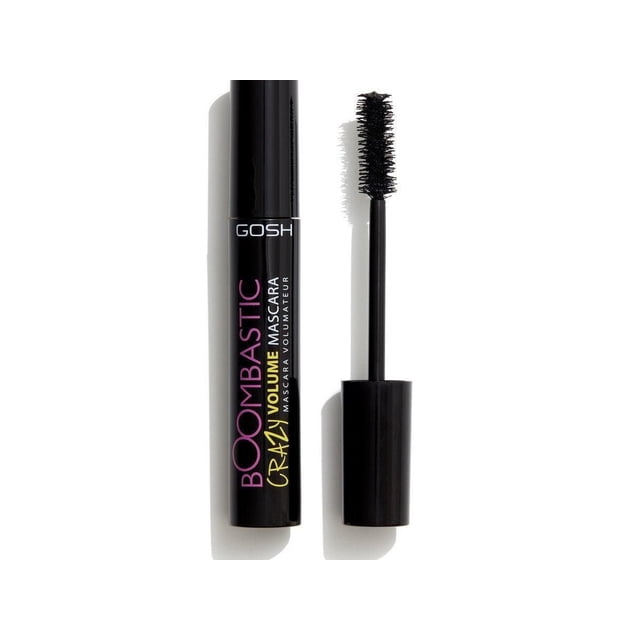 GOSH-BOOMBASTIC CRAZY MASCARA EXTREME BLACK with a black cylindrical tube featuring GOSH branding and colorful text, next to an open mascara wand with dense black bristles designed for long-lasting volume and perfectly separated lashes using a unique oversize fibre brush, suitable for all lashes.