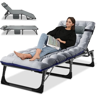 Slsy Lit de Camp Pliant Portable avec Matelas à 2 Côtés et Oreiller, Chaise Longue Pliante Réglable à 5 Positions, Lit de Camp Pliant