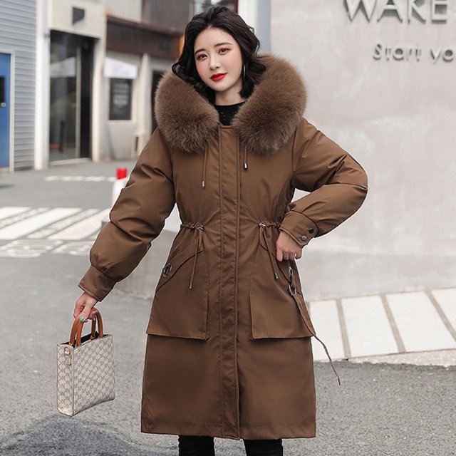 Ladies long down cotton winter warm jacket coat with detachable plush lining