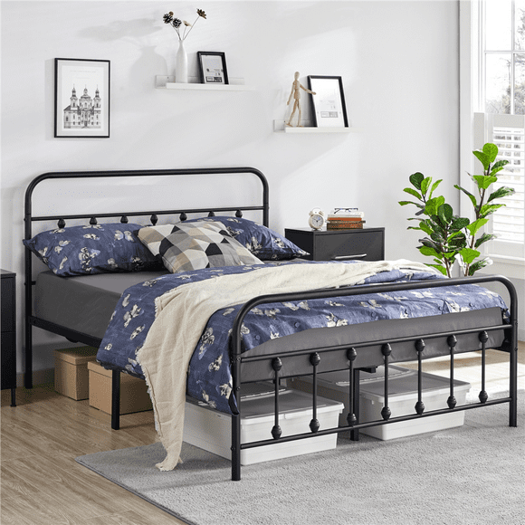 Yaheetech Classic Iron Metal Platform Bed with High Headboard and Footboard, Full, Black