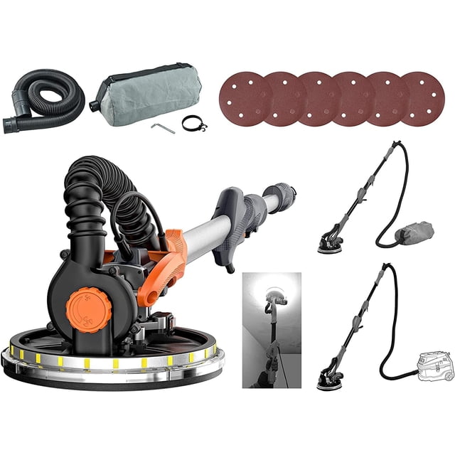 Maxxt Ponceuse pour Cloison Sèche, Véritable Système d'Auto-vidange, Lumière DEL, Poignée Télescopique, Vitesse Variable, Moteur 6,5 A, 6 Pcs Disques de Ponçage 9”, Sac à Poussière.