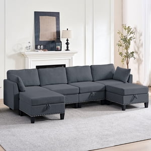 Mjkone Oversized U-Shaped Sectional Sofa Sleeper, 6 Seater Modular Sectional Sofa with Storage for Living Room, Dark Grey