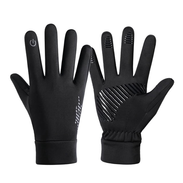 KLKCMS Winter Gloves Anti Slip with Touchscreen Fingers for Climbing Riding Fishing in black, size L. These gloves feature a soft fleece lining for warmth, anti-slip grip patterns on the palms, and touchscreen-compatible fingertips. Made from milk silk and warm fleece, they are windproof and water-resistant, ideal for outdoor activities like skiing, cycling, and hiking. The gloves measure 22.5 cm in length and 9.5 cm in palm width.