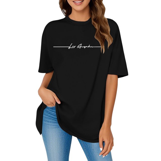 JIRNDf Hauts pour Femmes T-Shirts d'Été Tendance Imprimé Lettres Surdimensionné Col Rond Manches Courtes Décontracté Sport Ample Décontracté Simple T-Shirts Graphiques Mignons pour Adolescentes Chemises Noires G