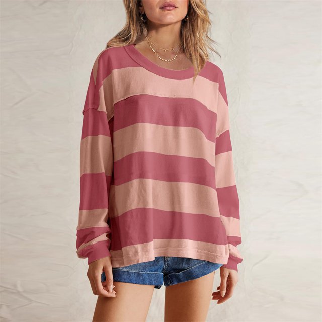 Styesk Chandails à Manches Longues pour Femmes, Chemise Tendance à Rayures, Tunique Ample à Col Rond, Chandail à Enfiler, Hauts Décontractés Patchwork, Chandail Doux et Léger