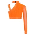 thumbnail image 4 of Manyakai Kids Girls Shiny Rhinestone Jazz Latin Modern Lyrical Dance Crop Tops Irregular Shoulder Orange 16, 4 of 7