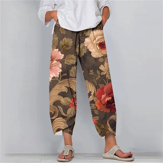 LOVZFMLL Pantalon Capri pour Femmes, Capris d'Été pour Dames Confortables, Amples, à Jambe Grand, à Imprimé Mode Multicolores, 3TG