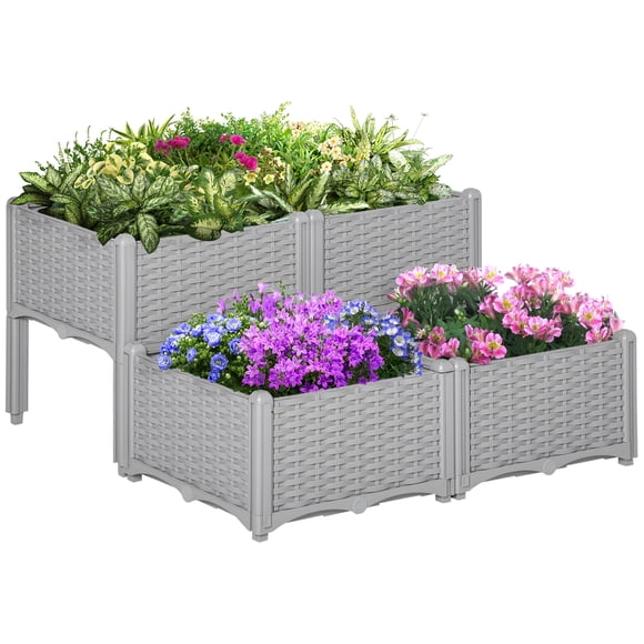 Outsunny 4-piece Elevated Flower Bed Vegetable Herb Planter Plastic Grey