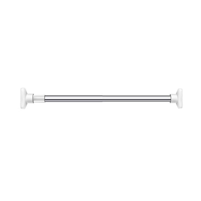 CUJM Heavy Duty Clothes Rails Punch-free Telescopic Wardrobe Rod Pole Steel in a sleek stainless steel finish with white anti-slip rubber pads on both ends. The rod is adjustable, ranging from 53-80cm (20.87-31.5 inches) for size S and 70-120cm (27.56-47.28 inches) for size M, making it suitable for various spaces. Designed for easy installation without nails or drilling, it offers a stable and durable solution for hanging clothes while protecting walls from scratches.