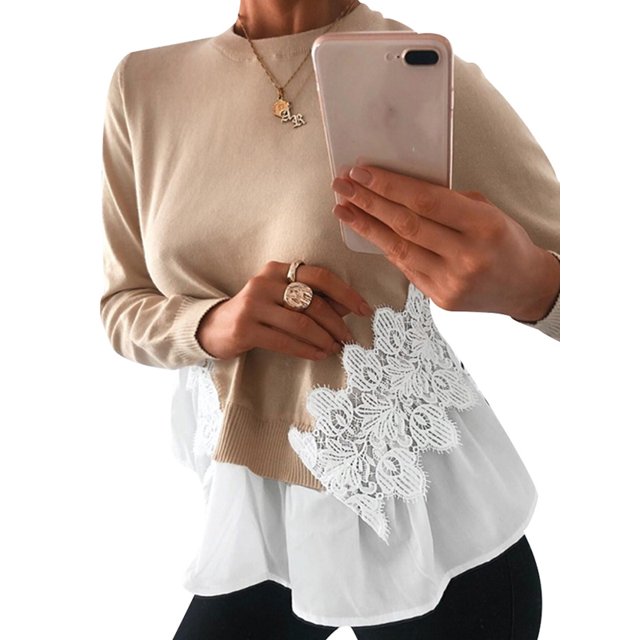 DYMADE Women Lace Frill Ruffle Tops Blouse Ladies Casual Jumper T-Shirts Crew Neck Tee