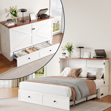 ZAFLY Lit Escamotable Pleine Grandeur, Lit Armoire avec Station de Recharge, Lit Coffre avec Grands Tiroirs pour Chambre/appartement - Blanc