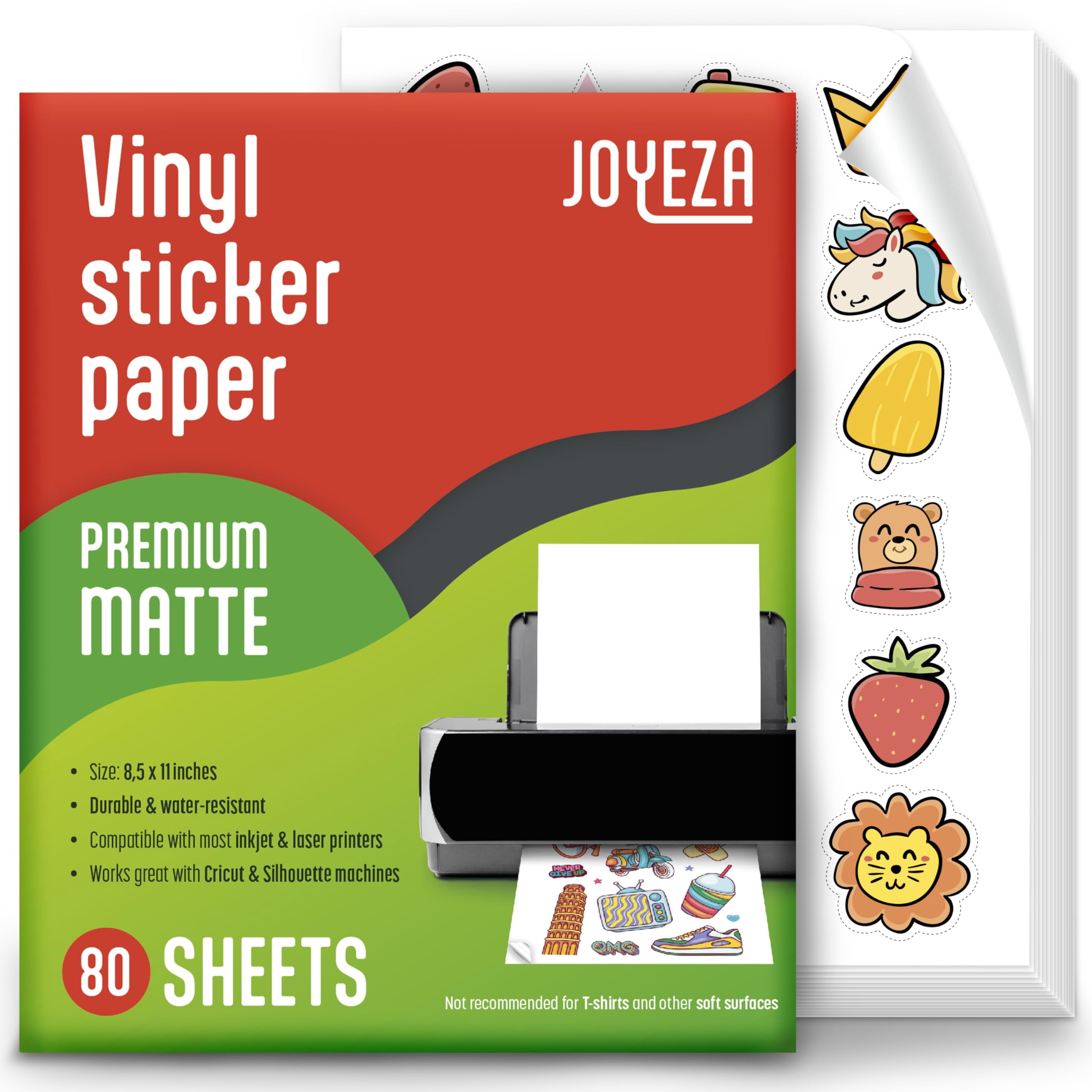 Papier autocollant vinyle imprimable JOYEZA Premium pour imprimante à jet d'encre - 80 Feuilles Mat blanc imperméable, sèche rapidement, couleurs vives, tient bien l'encre - Résistant à la déchirure - Jet d'encre &