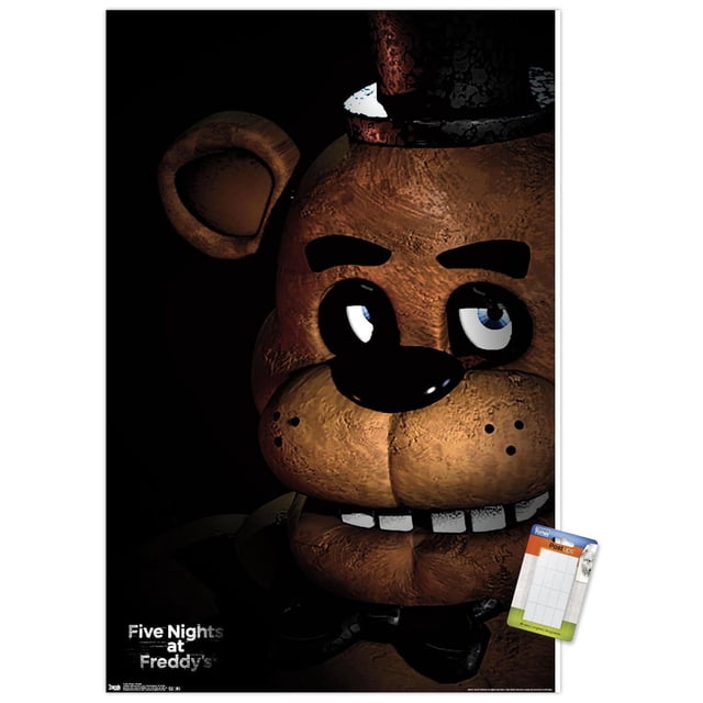 Five Nights at Freddy's - Affiche Murale Freddy, 14,725 Po x 22,375 Po, Représentant un Gros Plan Centré du Visage Animatronique Brun Texturé de Freddy Fazbear avec des Yeux Bleus, un Nez Noir et un Haut-de-Forme Brun Foncé sur Fond Noir, Parfait pour la Décoration Murale de Chambre, de Bureau Ou de Salle de Jeux.
