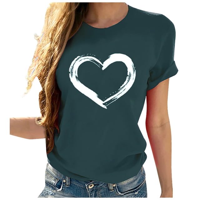 CEHVOM Femmes Manches Courtes en Forme de Coeur Imprimé Casual Tops Chemisier T-shirt