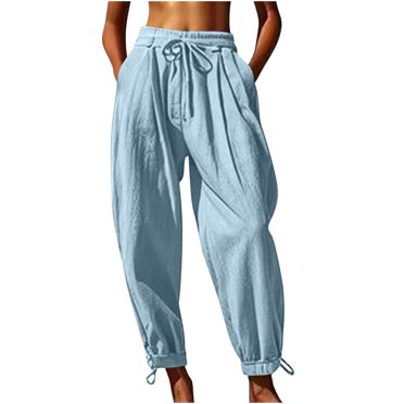 zbxnLI Capri Pants for Women Drawstring Elastic Waist Cotton Linen Pants Casual Beach Capris Summer Pants