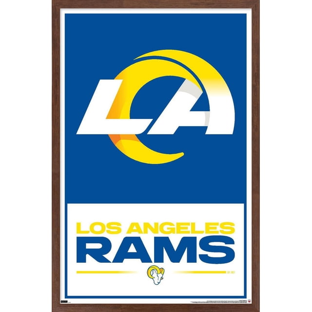 NFL Los Angeles Rams - Affiche Murale Logo 21, 22,375 Po x 34 Po Encadrée avec un design Centré Orienté vers l'Avant Présentant un Fond Bleu, un Grand Logo La Blanc et Jaune Stylisé en Haut, un Texte Audacieux Jaune et Bleu « Los Angeles Rams » en Dessous, et un Petit Logo de Tête de Bélier, le Tout dans un Cadre en Bois Brun, Parfait pour l'Art Mural et la Déco de Pièce.