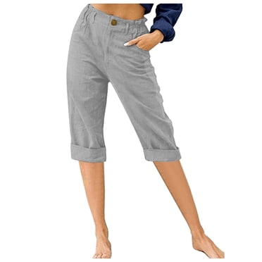 Linen Womens Capris for Summer Casual Solid Capri Pants Lightweight Cropped Beach Pants Trousers High Waist with Pockets