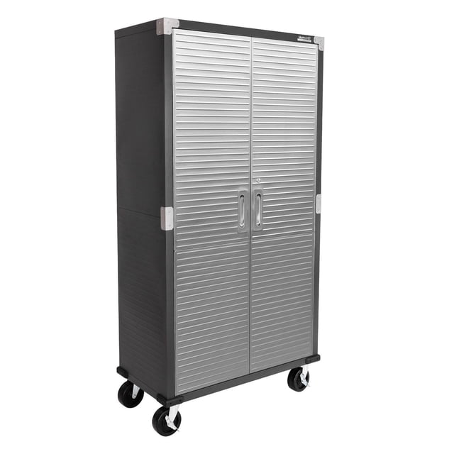 UltraHD Rolling Storage Cabinet in graphite with two stainless steel locking doors featuring horizontal ridges and magnetic latches, mounted on four 5-inch heavy-duty caster wheels with two locking, includes four shelves with three adjustable, suitable for bedroom or office storage.