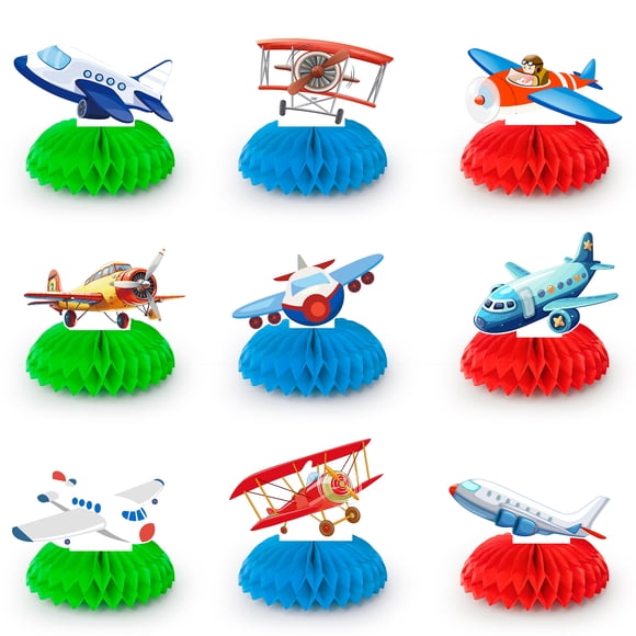Décorations d'Anniversaire d'Avion, 9 Pcs Centres de Table en Nid d'Abeilles, Aéronef Rouge Vert Bleu Joyeux Anniversaire Nid d'Abeilles pour Fournitures de Fête d'Avion