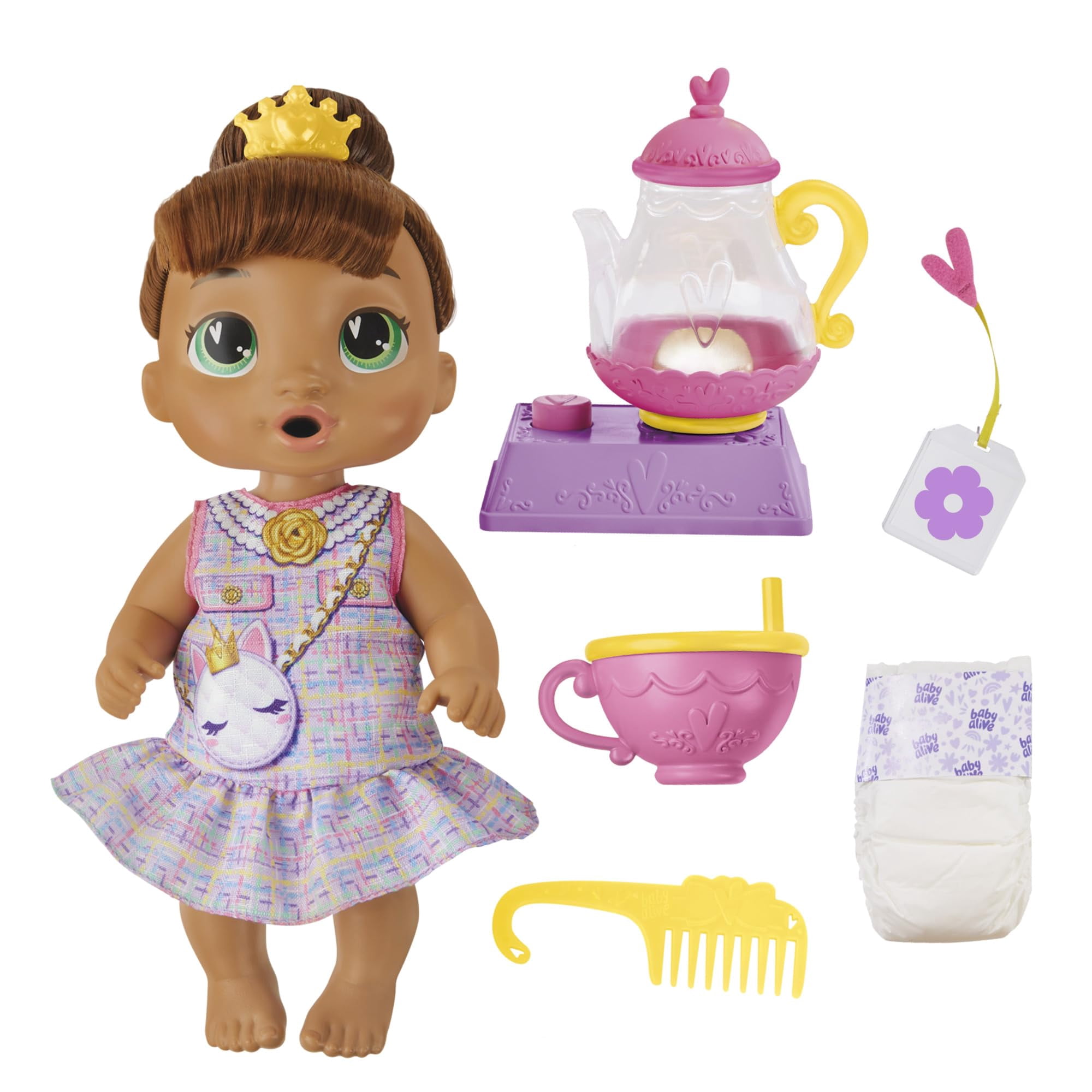 Baby Alive Poupée Bubbly Tea Party Sophia avec Accessoires de Théière, Cheveux Bruns, 11 Pouces, Jouets pour Filles et Garçons de 3 Ans et Plus