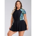 thumbnail image 4 of Sxiwei Woman Plus Size Swimwear Short Sleeve Zip Neck One Piece Swimdress Rash Guard Bathing Suits Black Green XXL, 4 of 7