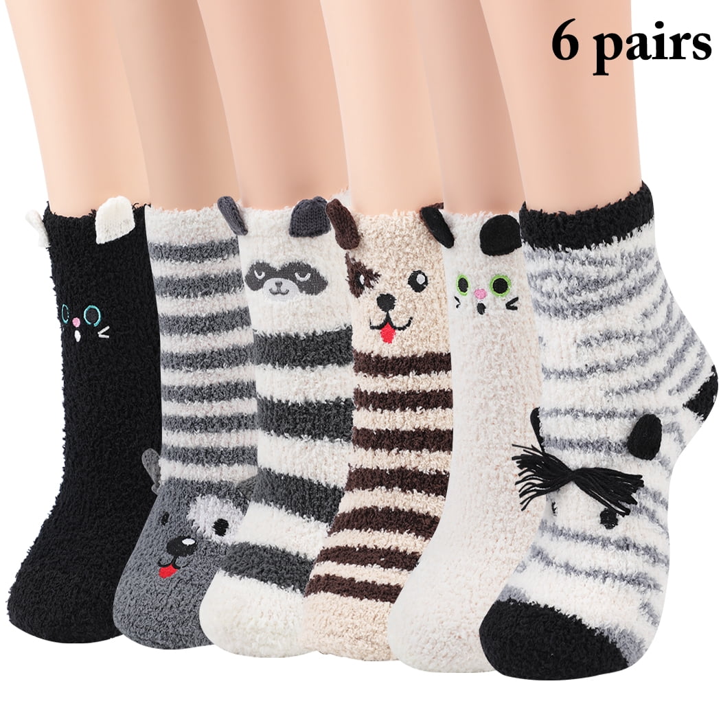 6 Pairs Fuzzy Socks for Women Girls Cute Animal Crew Socks Winter Warm Socks Slipper Socks
