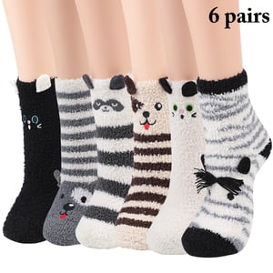 6 Pairs Fuzzy Socks for Women Girls Cute Animal Crew Socks Winter Warm Socks Slipper Socks