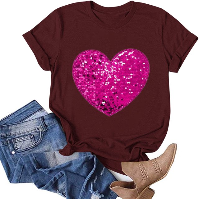 TIMIFIS T-Shirts à Manches Courtes de la Saint-Valentin pour Femmes Mode Décontractée Col Rond T-Shirt Imprimé Cœur d'Amour T-Shirt d'Été Ample Col Rond T-Shirts