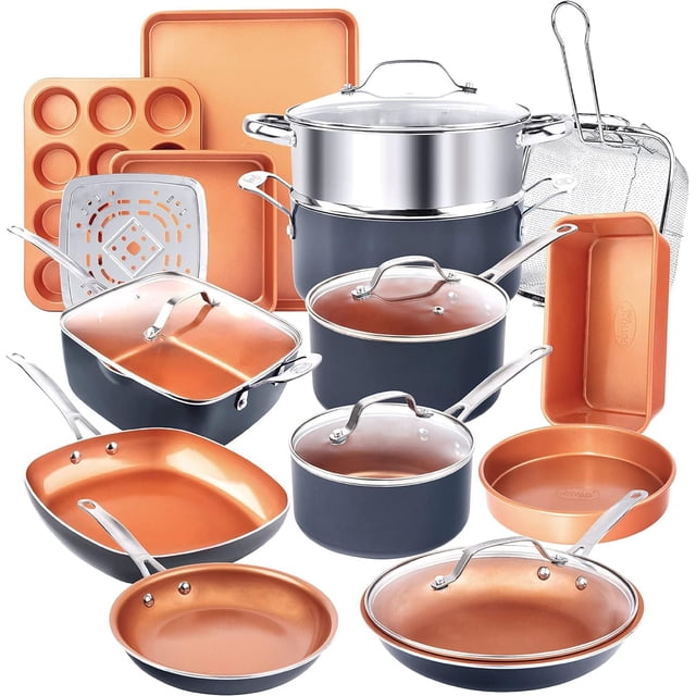 Gotham Steel 20 Pc Pots and Pans Set with ceramic nonstick copper cooking surfaces and black aluminum bodies, includes frying pans, saucepans with tempered glass lids, stock pot with steamer rack, deep casserole pan, stainless steel frying basket, and a complete bakeware set with cookie sheet, muffin tin, loaf pan, all dishwasher and oven safe up to 500°F, suitable for stovetop cooking and baking.