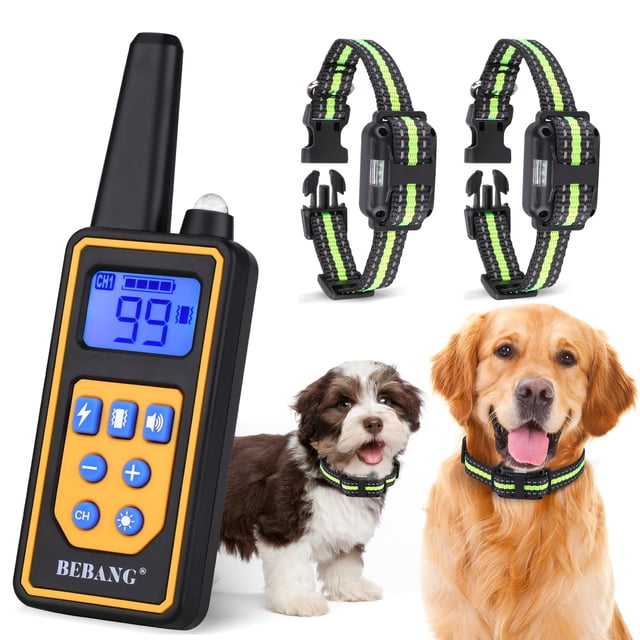 BEBANG Dog Training Collars for 2 Dogs with remote control featuring LED display and 880-yard range. Includes two adjustable IPX7 waterproof collars with green accents and conductive silicone contact points for safe training. Offers beep, vibration, and shock modes for small, medium, and large dogs. Comes with USB charging cable and complete accessories.