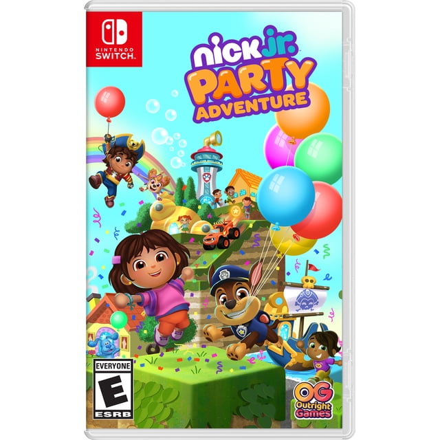 Nick Junior Party Adventure Nintendo Switch game cover featuring animated characters including a police dog holding colorful balloons, a girl jumping, a pirate, and a monster truck on a floating island with a lighthouse, houses, confetti, and balloons, representing a family-friendly puzzle platformer.