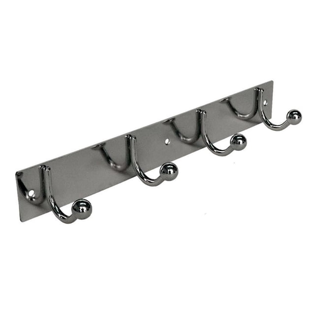 Era Bar with 4 Hooks metal wall mount in chrome finish, featuring a 12.60in rectangular base with four rounded hooks for hanging coats, hats, and bathrobes, suitable for home organization and decluttering spaces.