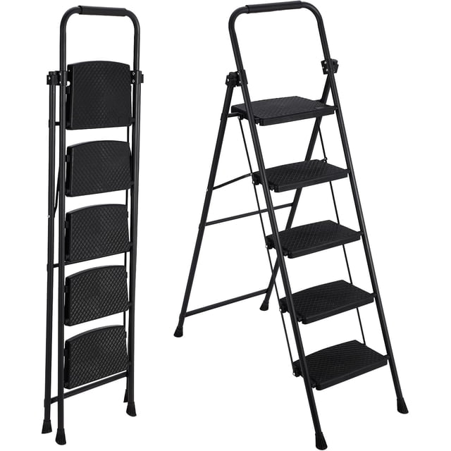 Ourlova Foldable 5 Step Heavy Duty Metal Ladder with Safety Lock, Wide Non-Slip Pedals and Handrails, Portable Collapsible Step Stool for Home, Office, Outdoor