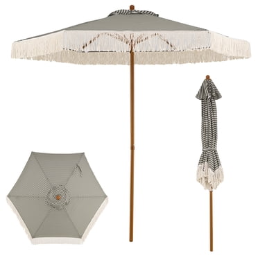 Costway Parasol de Patio avec Franges, Auvent en Polyester anti-UV, Parasol de Plage Vert + Blanc + Naturel
