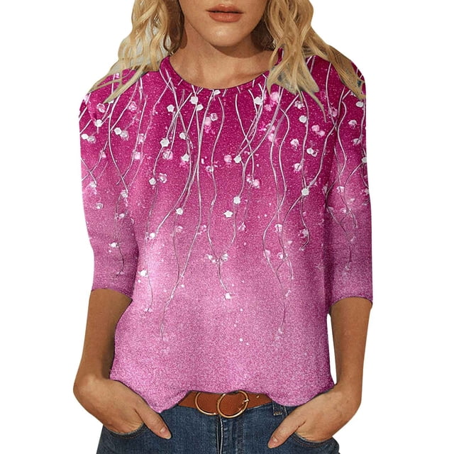 Hauts d'Été pour Femmes Imprimé Décontracté à Sequins Col Rond Manches Longues T-Shirts pour Femmes Rose Vif TG