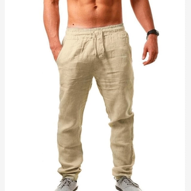 XZNGL Mens Elastic Pants Solid Color Breathable Cotton Linen Loose Casual Pants