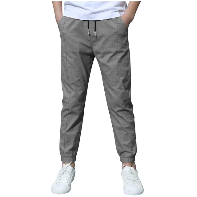 HomeGardon Linen Boys Pants School Uniform Elastic Waist Drawstring Chino Pants with Pockets Solid Color Trousers Summer Jogger Pants