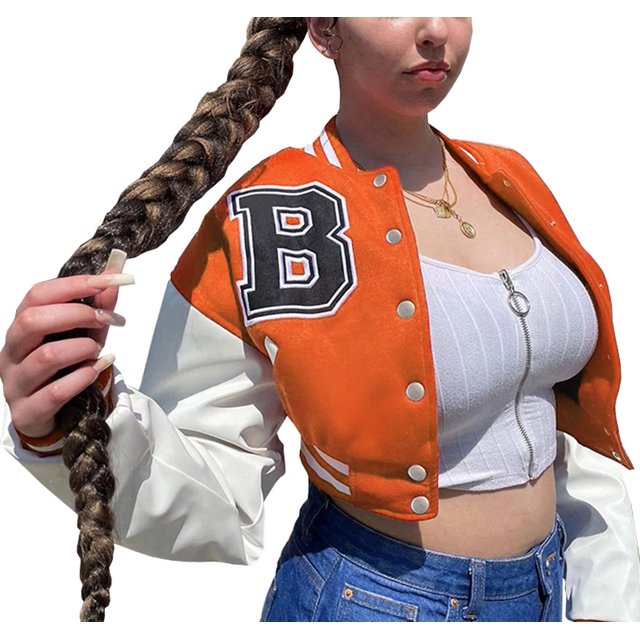 Veste Universitaire pour Femmes à Manches Longues, Veste de Baseball Courte, Manteaux Bomber
