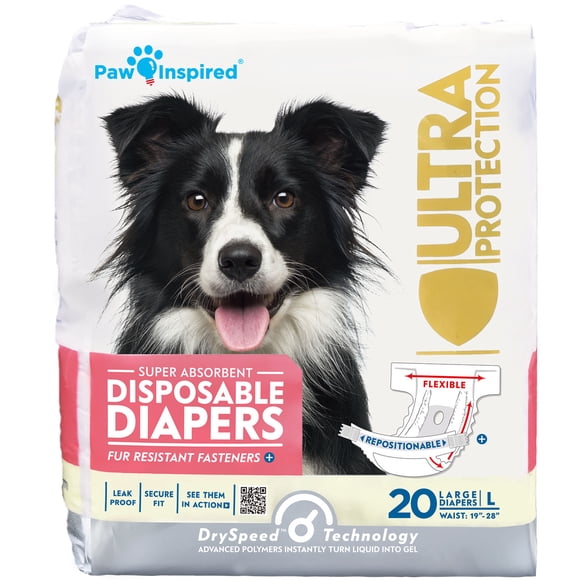 Paw Inspired Disposable Dog Diapers Female| Diapers for Dogs in Heat Period, Senior, Excitable Urination, or Incontinence (Large, 20 Count)
