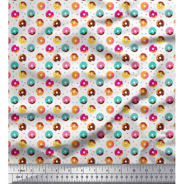 Soimoi White polyester Crepe Fabric Donuts Food Print Sewing Fabric Yard 52 Inch Wide