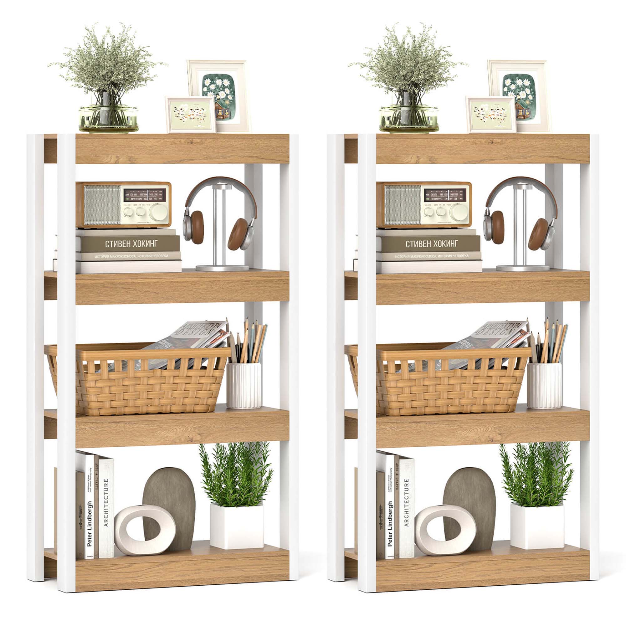 Costway 2 PCS 4 Tier Bookshelf Wooden Bookcase with Dual Anti-Tipping Kits Open Shelving Unit Natural