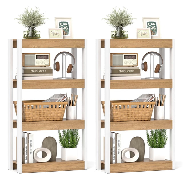 Costway 2 PCS 4 Tier Bookshelf Wooden Bookcase with Dual Anti-Tipping Kits Open Shelving Unit Natural