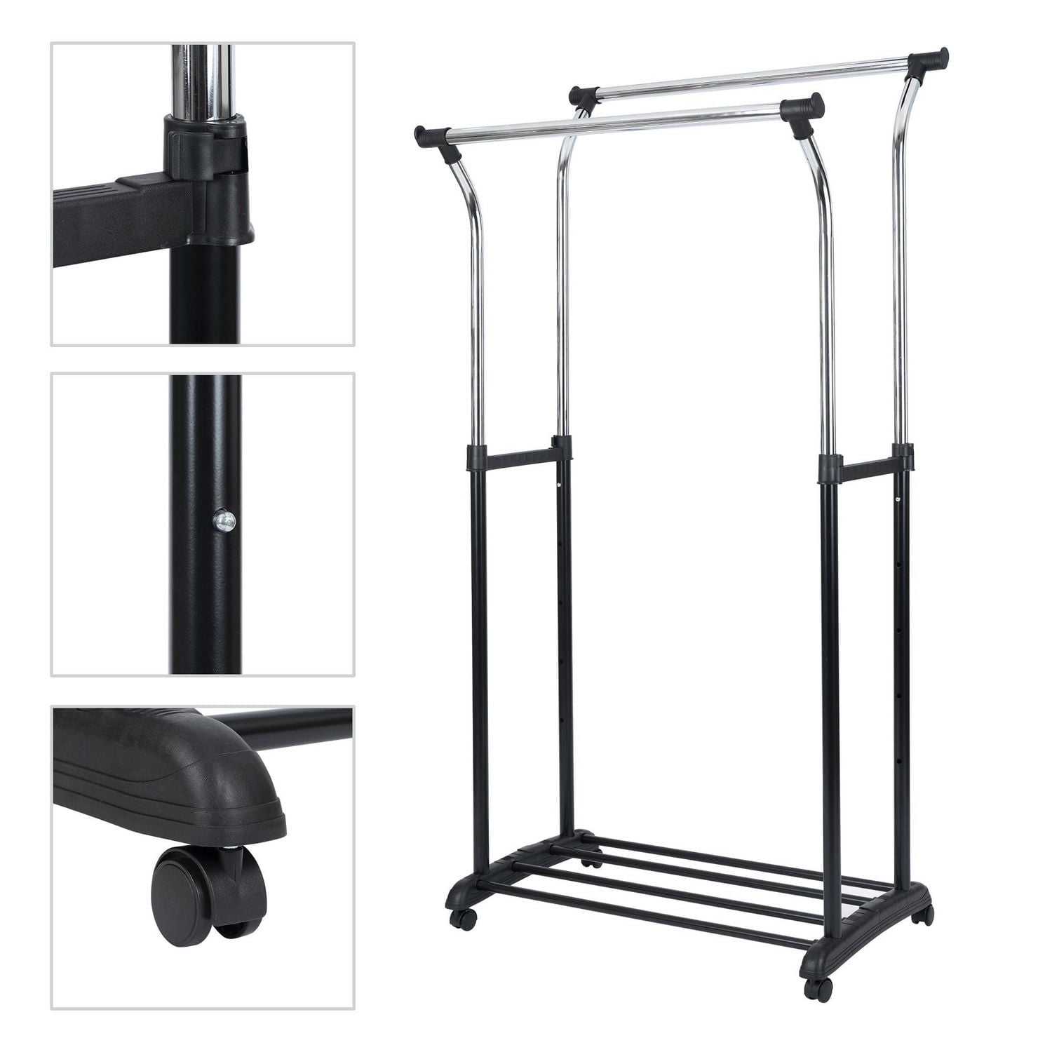 Mainstays Double Rod Garment Rack, Rolling Clothes Organizer, Black/Chrome, Flared Design, Adjustable Height, Storage Long and Short Garments