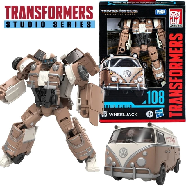 DMH In Stock Transformers Studio Series SS108 Deluxe Wheeljack TF7 action figure model toy by DONGMINGHUI. The figure is shown in robot form with intricate brown and white detailing, alongside its alternate mode as a vintage Volkswagen van. The packaging features the Transformers Studio Series branding and highlights the Wheeljack character. Suitable for ages 8 and up.