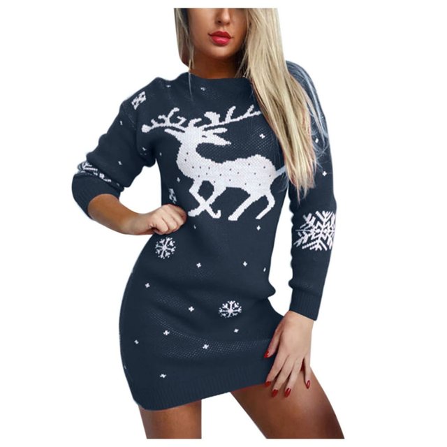 Femmes O Cou Wapiti Flocon de Neige Pull Pull en Tricot Mini Robe de Noël