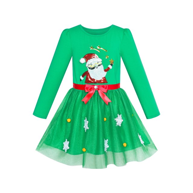 Robe Fille Noël Père Noël Neige Manches Longues Robe de Vacances 5 Ans